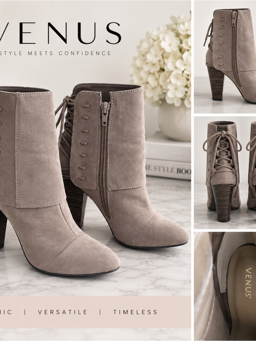 VENUS Taupe Lace-Up Faux Suede Ankle Boots